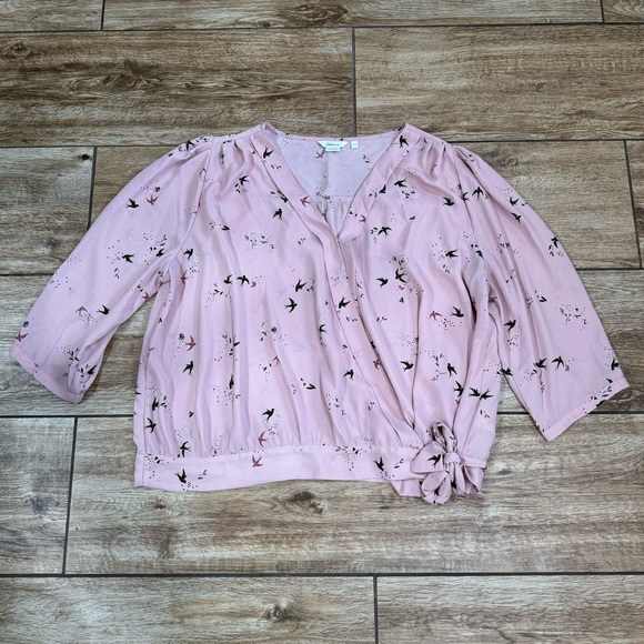 Reitmans The Short cut bird print blouse Size XXL Pink side tie Shirt 2X - Picture 10 of 14